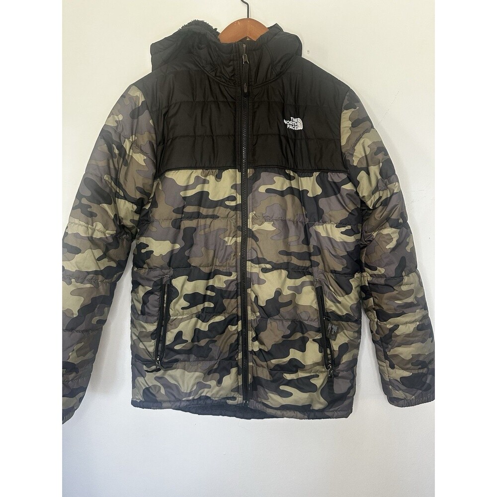 The North Face Reversible Boys XL Camo Puffer Jacket Hooded Full Zip Fleece